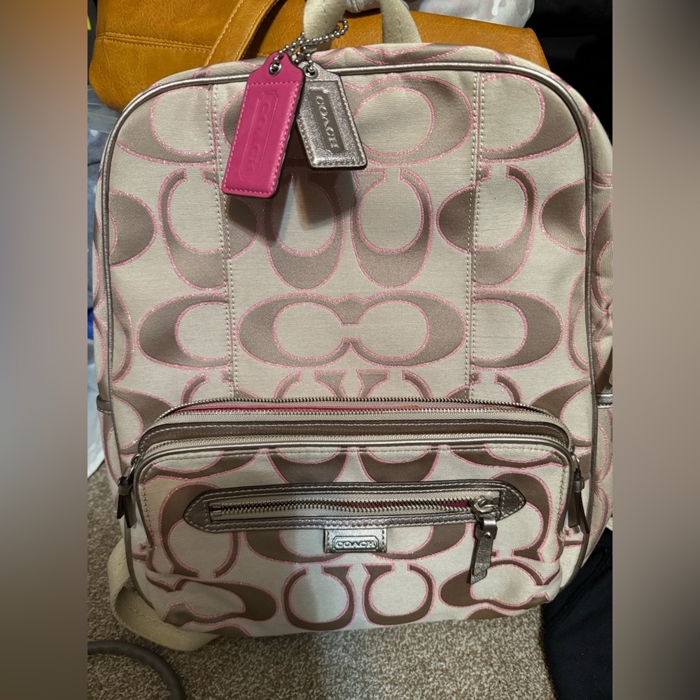 Coach Beige and Pink Signature Backpack